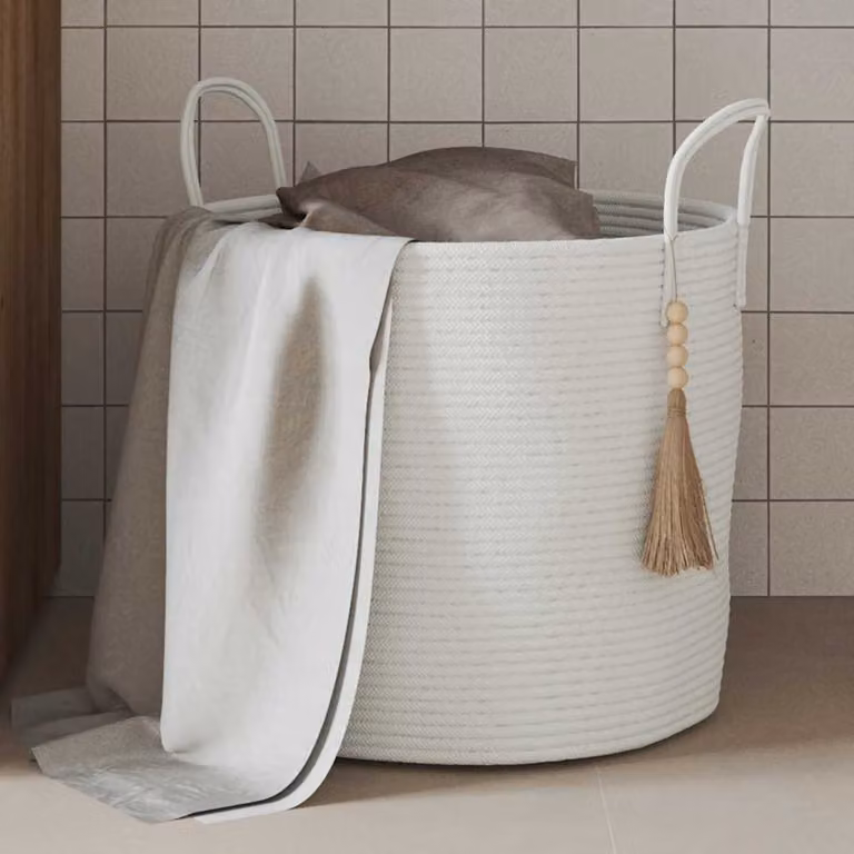 Cestino portaoggetti vidaXL in cotone bianco con maniglie e design a trama aperta, pieghevole, Ø40 x H 35 cm