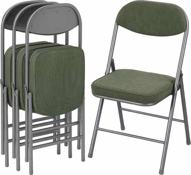 Set di 4 sedie pieghevoli da pranzo Xylo con seduta e schienale imbottiti in velluto verde e struttura in metallo