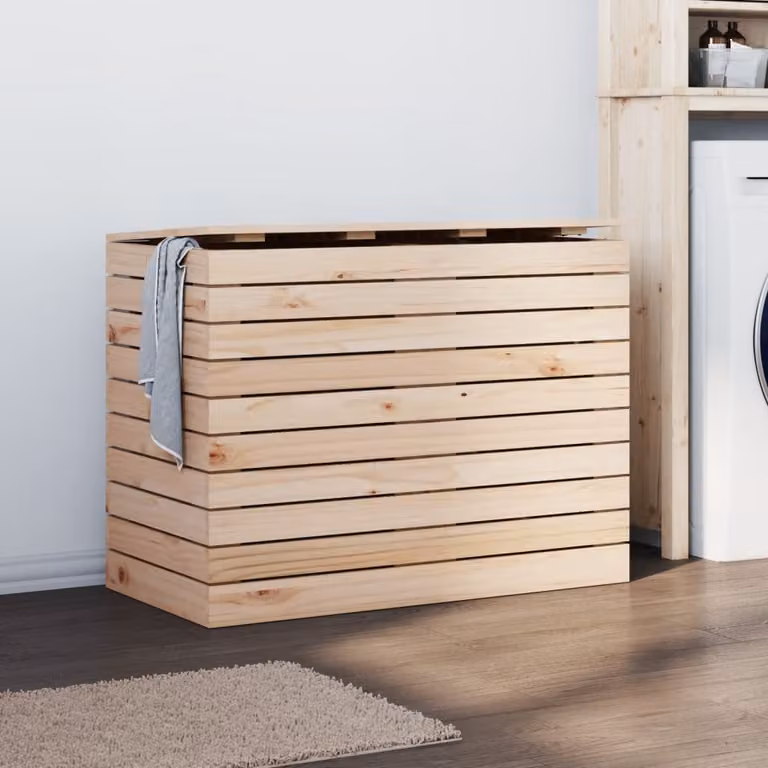 Cesto per bucato con coperchio vidaXL in legno di pino, marrone e beige, L: 88,5 cm, P: 44 cm, H: 66 cm