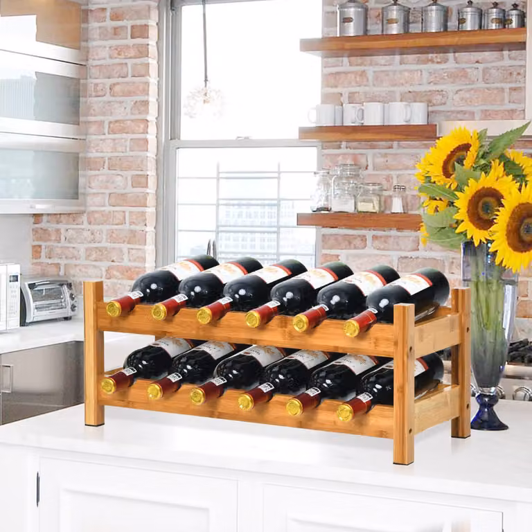 Scaffale per vini Costway in bambù marrone con 2 livelli e porta bottiglie per cucina