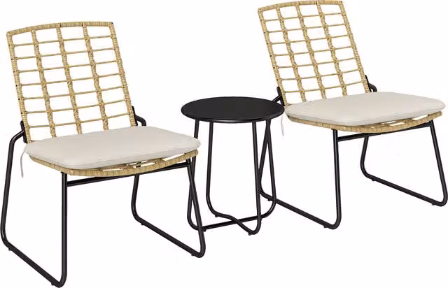 Set bistro da giardino Outsunny composto da 3 pezzi con 2 sedie in rattan e 1 tavolo con piano metallico rotondo, Beige e Marrone