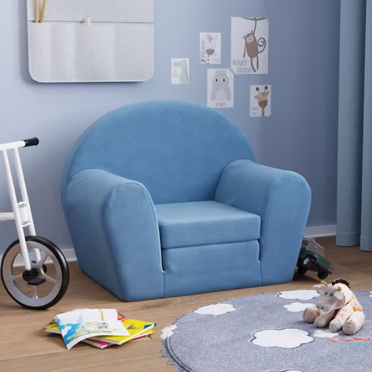 vidaXL Divano Letto per Bambini Blu in Morbido Peluche con Struttura Imbottita