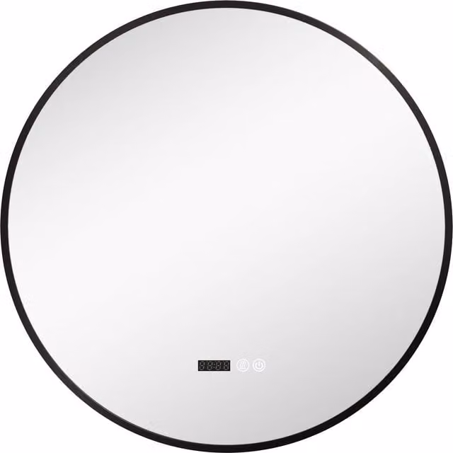 Specchio da bagno rotondo HOMCOM con luce LED regolabile, funzione antiappannamento e display tempo e temperatura, Nero, Ø 70 cm