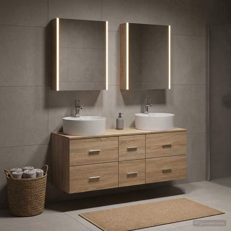Set di mobili per il bagno moderno vidaXL in legno e vetro marrone con armadietto specchio a LED e mobile lavabo con cassetti