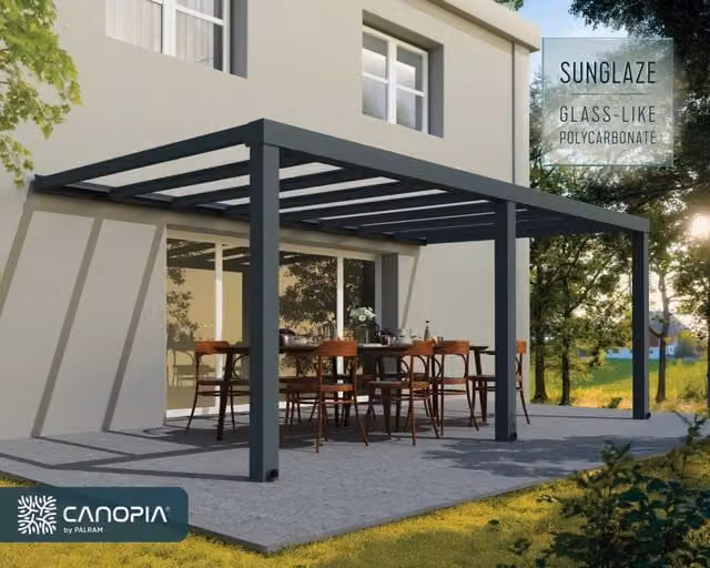 Pergola addossata in alluminio CANOPIA Premium Stockholm antracite con copertura in policarbonato trasparente L: 6 m, P: 3,4 m