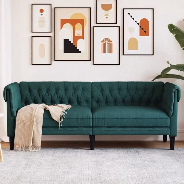 Divano Chesterfield a 3 posti vidaXL in tessuto verde con struttura in legno e schiuma