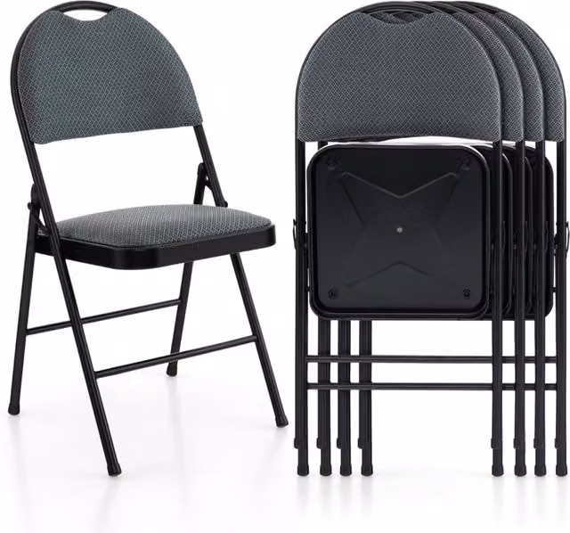 Set di 4 sedie pieghevoli moderne con seduta imbottita in tessuto e struttura in metallo, Grigio, L: 46 cm, P: 47 cm, H: 88,5 cm