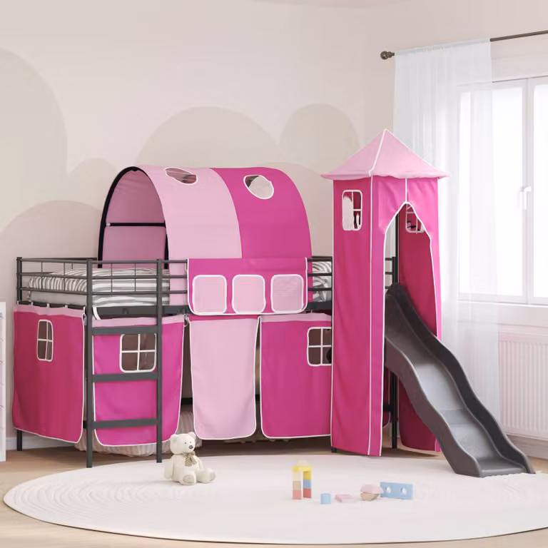 Letto a castello per bambini vidaXL in metallo con struttura a casetta e scala, Nero, Rosa e Blu, L: 200 cm, P: 80 cm, H: 205 cm