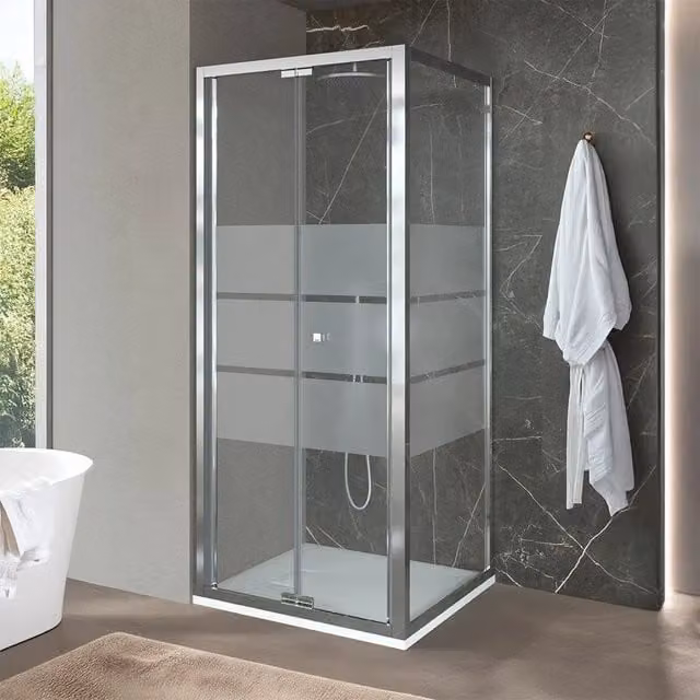 Box doccia d'angolo Ted con porta a soffietto serigrafata, trasparente e argento, H 200 cm x L 70 cm x P 90 cm
