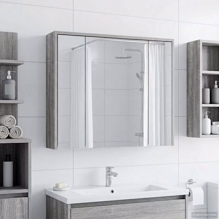 Mobiletto da bagno con specchio vidaXL Grigio Sonoma, modello moderno a parete con ante a battente e ripiani interni