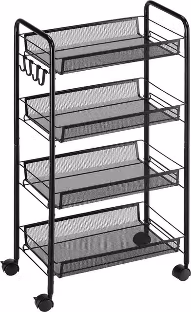 Carrello da cucina HOMCOM con 4 ripiani rimovibili, ganci e ruote, in metallo e plastica, Nero, L 45 cm x P 26,5 cm x H 84 cm