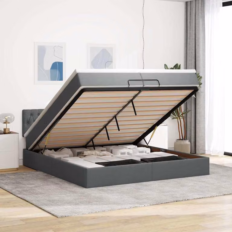 vidaXL Struttura Letto con Base a Sollevamento e Materasso in Tessuto, L/P/H: 200 x 200 x 280 cm, Grigio e Bianco