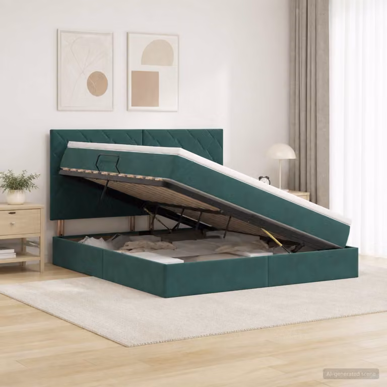 Letto con contenitore e materasso vidaXL in velluto verde con illuminazione sottostante e porta USB L: 160 cm, P: 200 cm, H: 140 cm