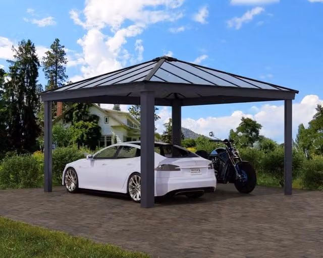 Carport doppio CANOPIA in alluminio e policarbonato grigio con tetto a capanna L: 430 cm, P: 430 cm, H: 200 cm