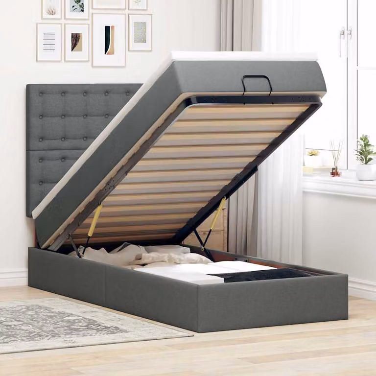 vidaXL Struttura Letto con Materasso e Pouf in Tessuto, Colore Grigio e Bianco, L/P/H: 90 x 190 x 128 cm