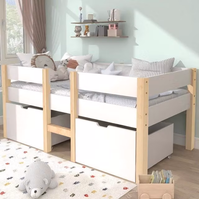 Letto a soppalco basso per bambini OKWISH in legno bianco con 2 cassetti e barriera, L/P/H: 208 x 90 x 120 cm