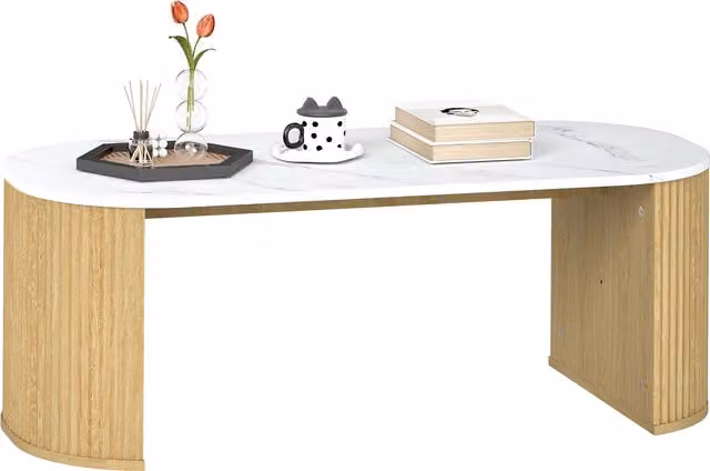 Tavolino ovale HOMCOM con effetto marmo bianco e angoli arrotondati, L: 110 cm, P: 50 cm, H: 40 cm