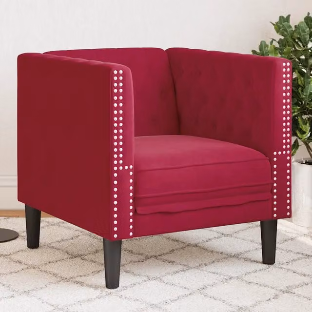 Poltrona Chesterfield in Velluto Rosso con Braccioli e Struttura in Legno