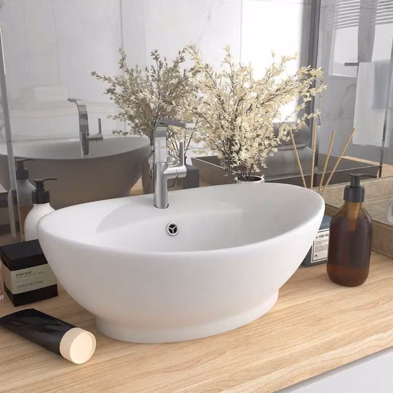 Lavandino da appoggio ovale in ceramica vidaXL bianco opaco con troppopieno L: 58,5 cm, P: 39 cm