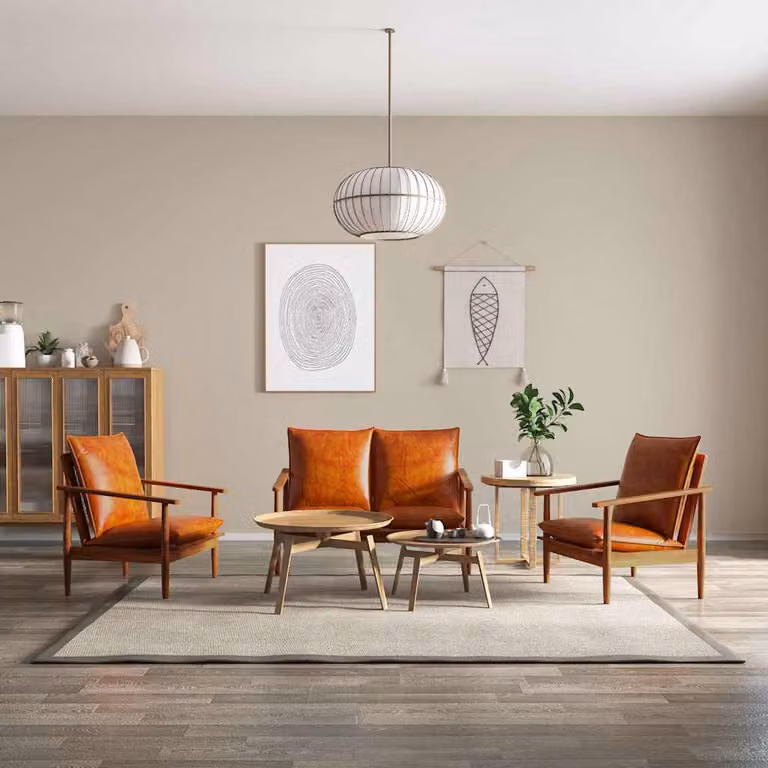 Set di divani 3 pezzi vidaXL in vera pelle e legno di acacia marrone in stile mid-century