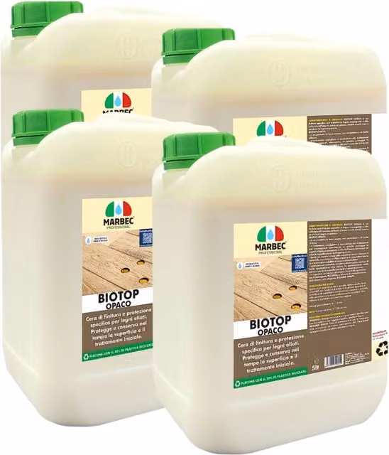 Cera per parquet Marbec BIOTOP opaca a base acquosa trasparente, confezione da 4 x 5 l