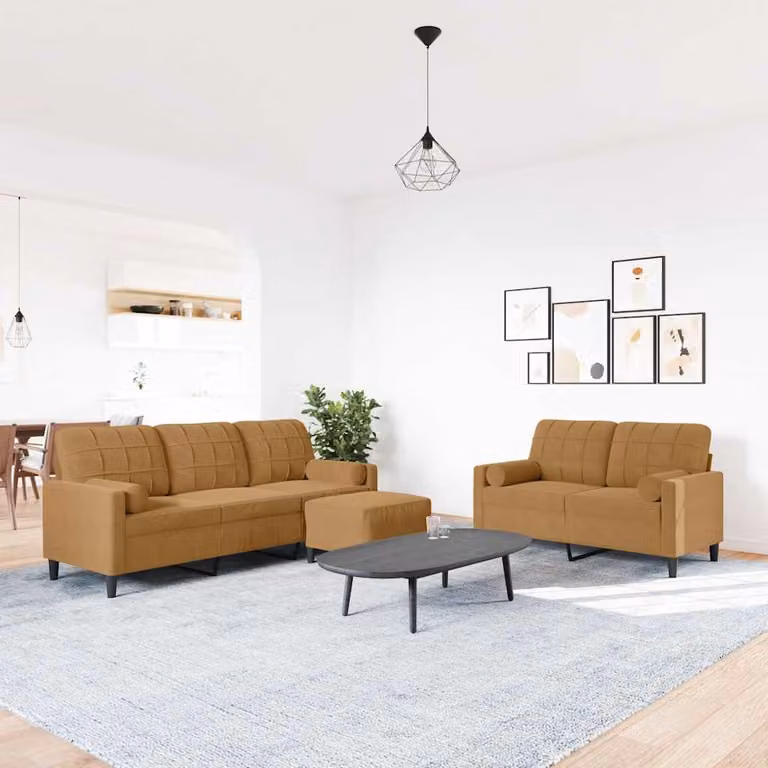 Set di divani vidaXL 3 pezzi in velluto marrone con pouf e cuscini, design moderno con struttura in metallo per il tuo soggiorno