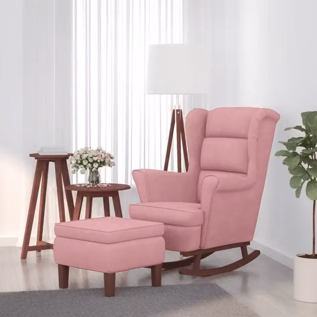 Sedia a dondolo con schienale alto in velluto rosso e struttura in legno con pouf incluso vidaXL