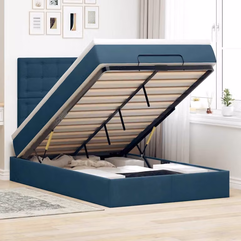 Letto con contenitore e pouf vidaXL in velluto blu scuro con porta USB e illuminazione sottostante L/P/H: 200 x 120 x 128 cm
