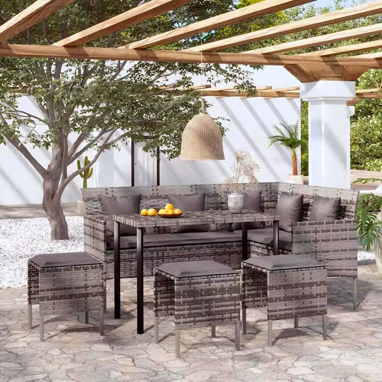 Set Divano a L vidaXL in Polyrattan Grigio con Tavolino e Ottoman per Giardino e Terrazza