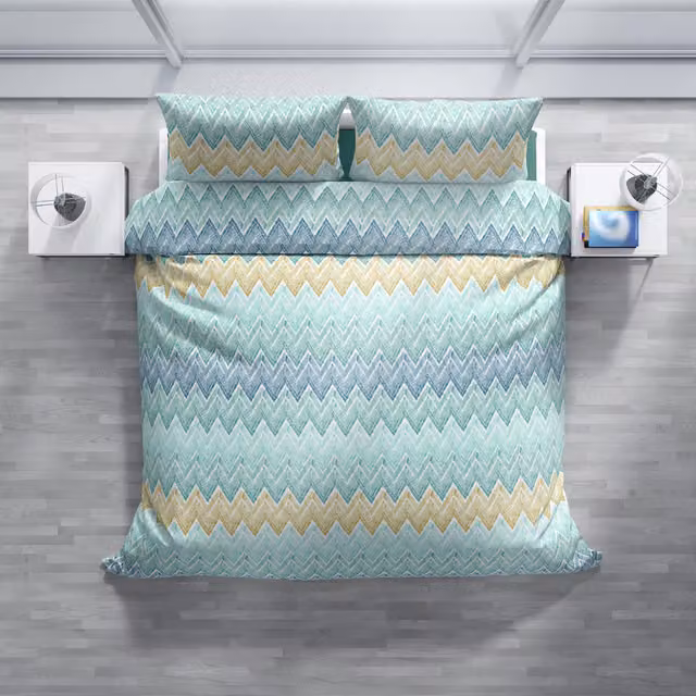 Completo copripiumino e federe DaunenStep Joy con fantasia grafica blu in cotone mako satin con chiusura a zip