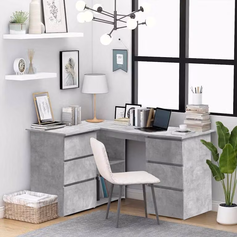 Scrivania angolare moderna vidaXL in legno e MDF, colore grigio cemento, L 145 cm x P 100 cm x H 76 cm
