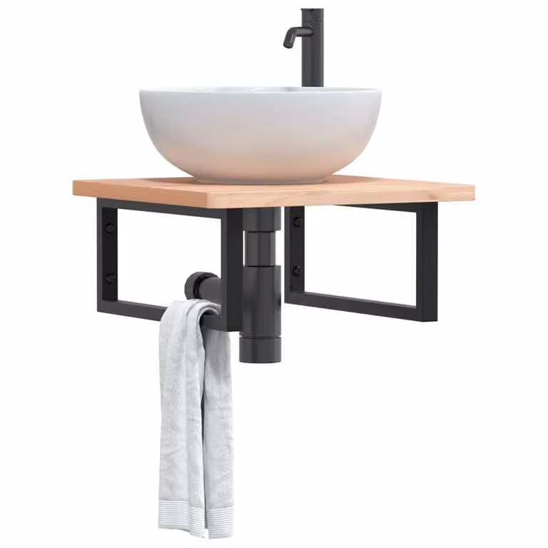 vidaXL Ripiano a Parete per Lavabo in Legno di Faggio e Metallo, Nero e Marrone, L: 50 cm, P: 45 cm, H: 3 cm