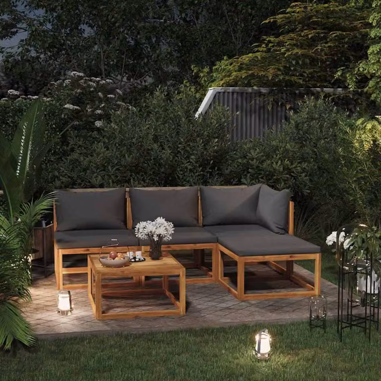 vidaXL Set Divani da Giardino 5 pz in Legno di Acacia con Cuscini Grigi e Tavolino