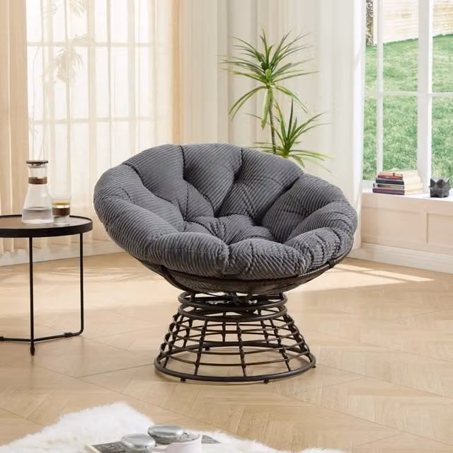 Sedia Papasan Cipacho girevole a 360 gradi in vimini con cuscino in velluto a coste grigio e telaio marrone per casa e giardino