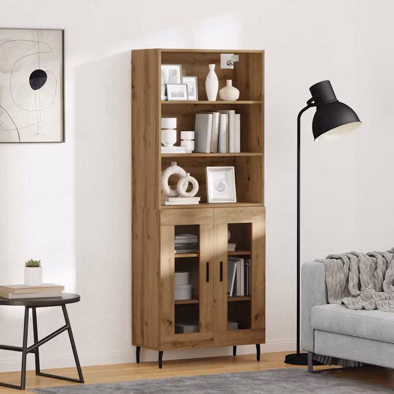 Set di 2 credenze moderne vidaXL in rovere marrone con ante in vetro e ripiani interni L: 69,5 cm, P: 32,5 cm, H: 180 cm