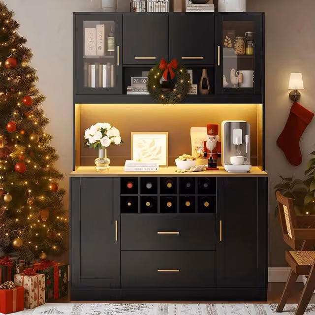 Armadio laterale per cucina Xylo nero con illuminazione integrata e portabottiglie L: 120 cm, P: 36,3 cm, H: 180 cm