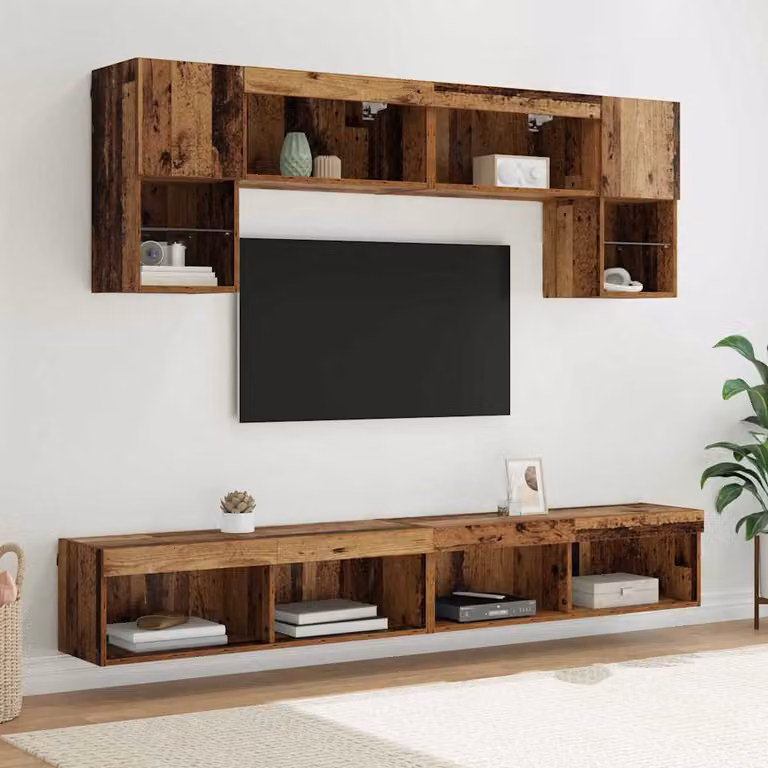 Unità a muro per TV moderna vidaXL in legno vecchio marrone con illuminazione LED integrata e 6 scomparti media per il tuo soggiorno