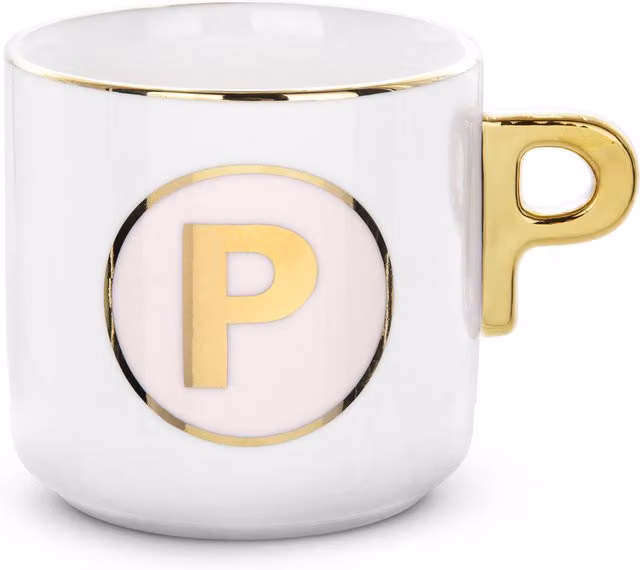 Tazza a forma di lettera P in ceramica bianca con manico oro, 360 ml