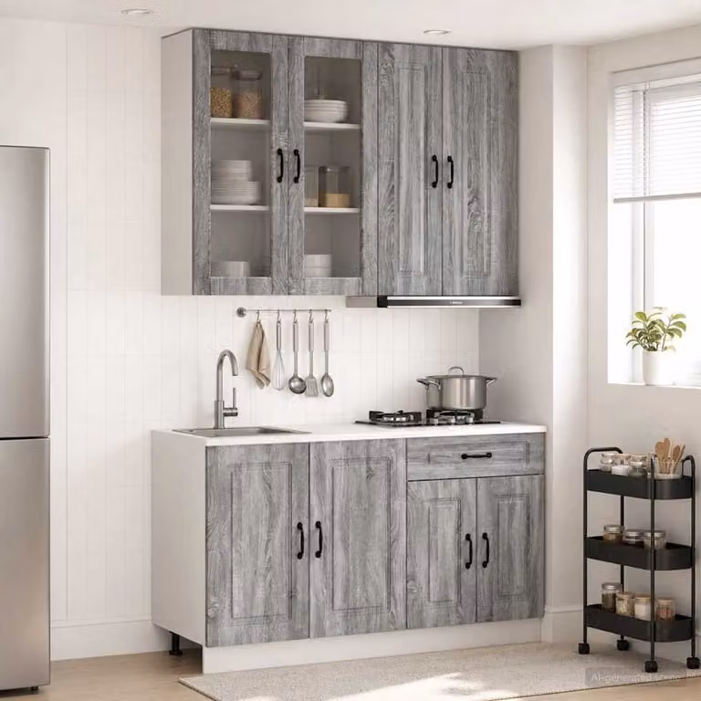 Set di 4 unità cucina moderna vidaXL KALMAR in legno ingegnerizzato grigio con ante in vetro L/P/H: 100 x 46 x 80 cm