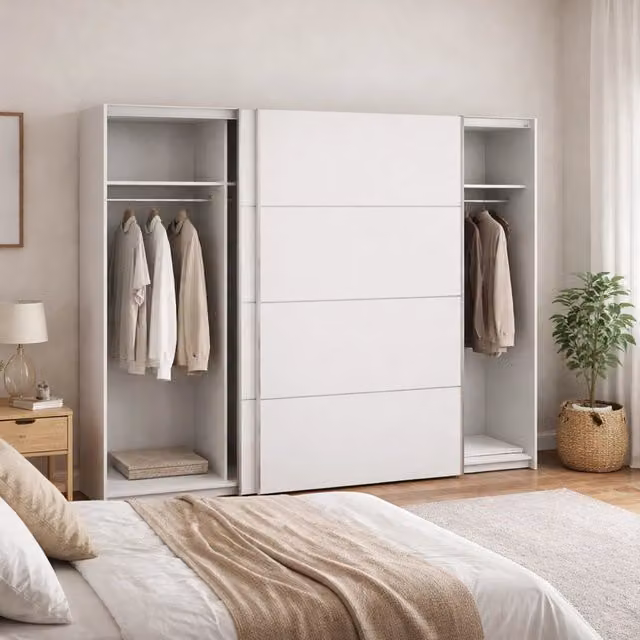 Armadio con ante scorrevoli DMORA per camera da letto, Bianco opaco, L: 243 cm, P: 64 cm, H: 201,5 cm