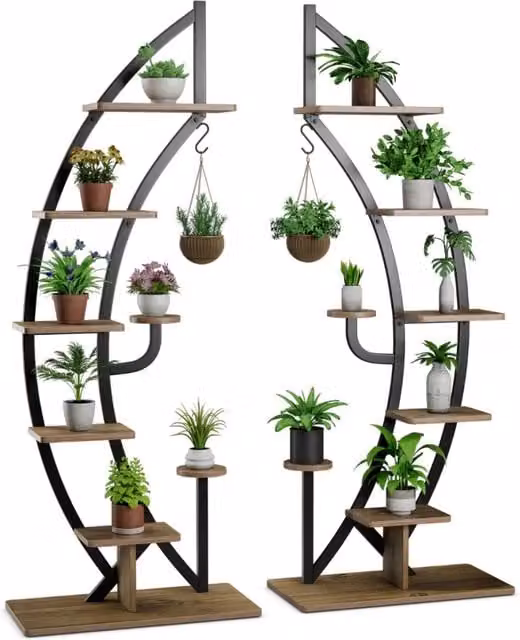 Set di 2 scaffali per piante Design Mania in metallo e MDF, struttura a mezza luna curva con 7 livelli e gancio superiore, colore Nero opaco, H: 155 cm x L: 60 cm x P: 30 cm