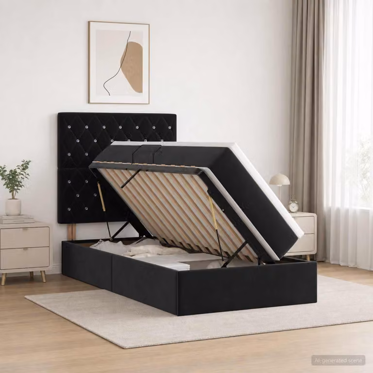 Letto con contenitore e materasso vidaXL in velluto nero con base a sollevamento L 90 x P 200 cm
