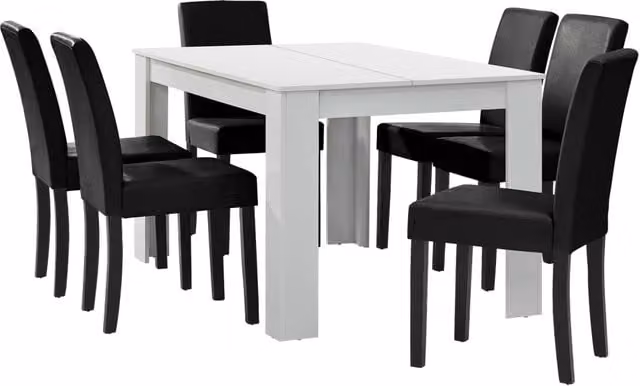 Set Pranzo Moderno en.casa con Tavolo Rettangolare e 6 Sedie in Similpelle, Bianco e Nero, L: 140 cm, P: 90 cm, H: 77 cm