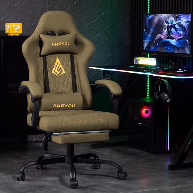 Sedia da Gaming Zephmum Verde con Poggiapiedi, Imbottita in Finta Pelle e Struttura in Metallo e Plastica