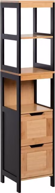 Colonna bagno Kleankin in legno MDF e bambù con 2 cassetti e 3 vani aperti, L/P/H: 30 x 30 x 144.3 cm, Colore marrone e nero