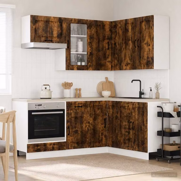 Unità cucina moderna vidaXL KALMAR composta da 8 pezzi in legno ingegnerizzato color rovere fumo con ante in vetro