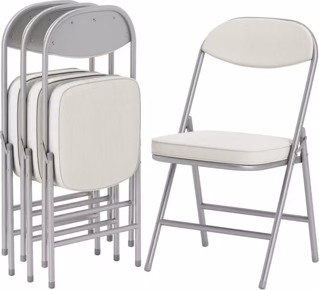 Set di 4 sedie pieghevoli imbottite Xylo con rivestimento in velluto color crema e struttura in metallo, impilabili