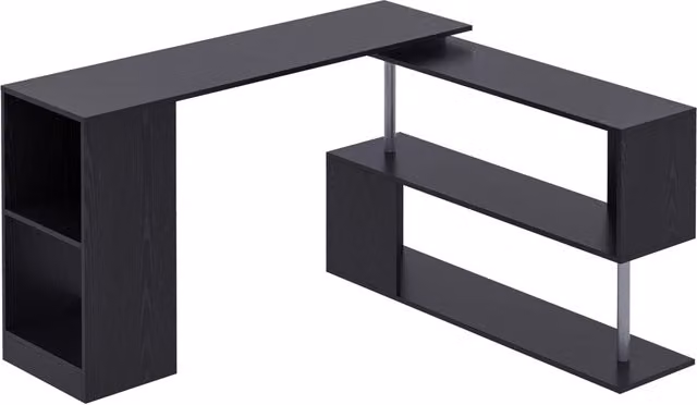 Scrivania Angolare Moderna Minimal in Legno con Ripiani Nero L/P/H: 140 x 120 x 78 cm