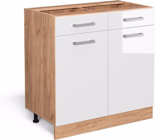 Mobiletto base per cucina Vicco R-Line moderno con ante a battente e cassetti, Bianco lucido e Rovere, L: 80 cm