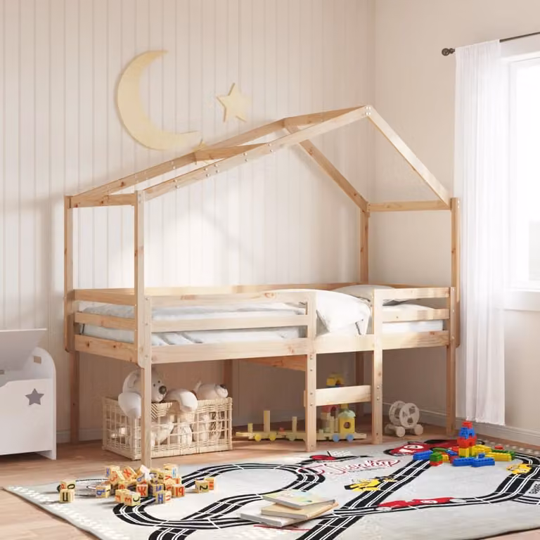 Letto a soppalco con tetto in legno di pino vidaXL per bambini, colore marrone, L/P/H: 200 x 90 x 144,5 cm